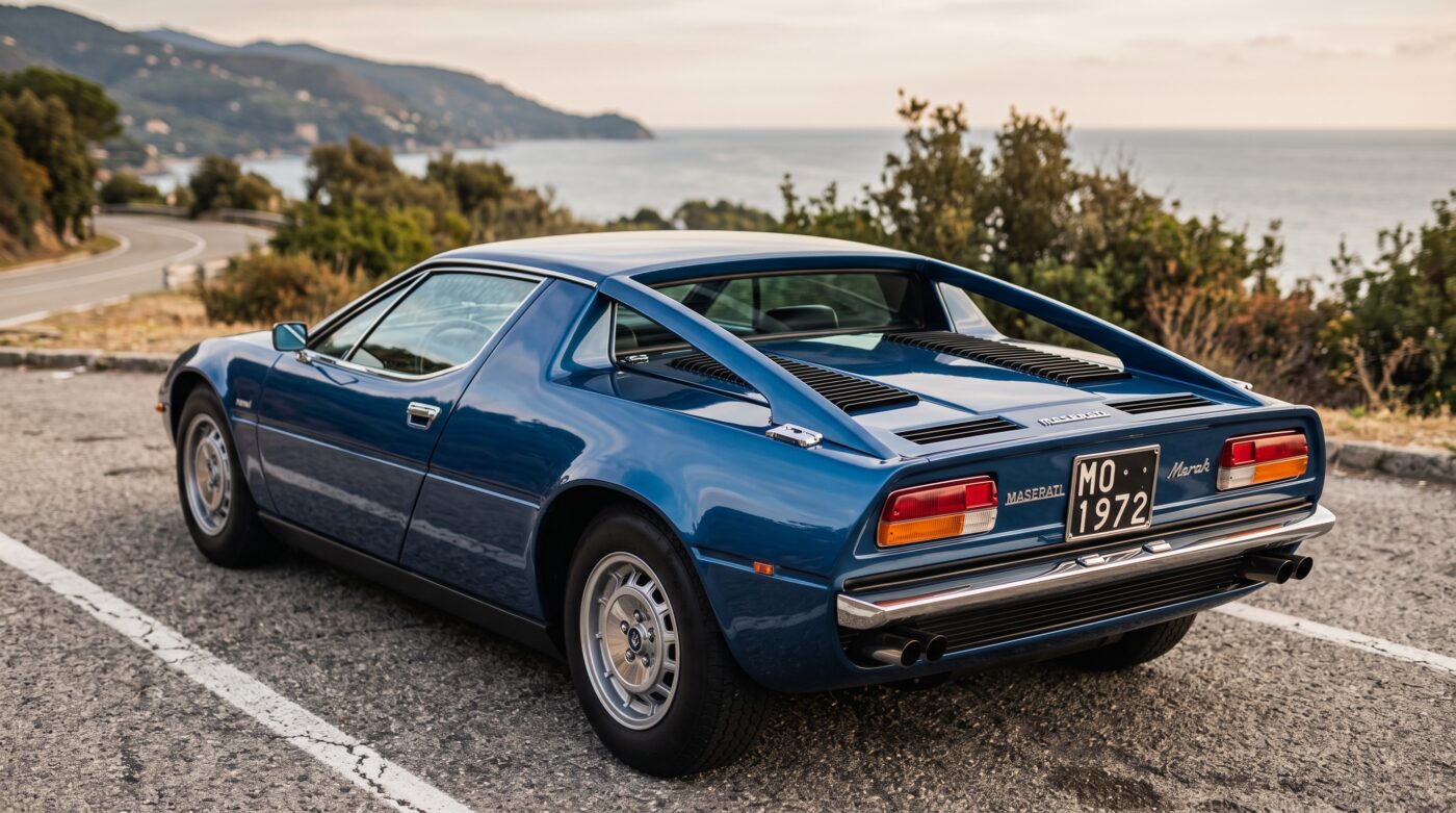 Maserati Merak vue de trois quarts arrière Maserati Merak bleue millésime 1972 vue de trois quarts arrière soulignant sa ligne caractéristique.