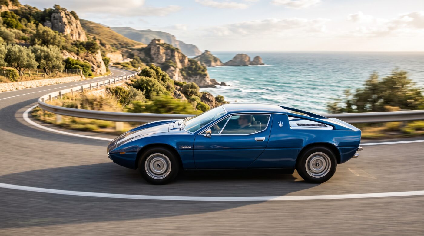 Maserati Merak en essai routier Maserati Merak bleue en plein essai routier sur une route de bord de mer ensoleillée.