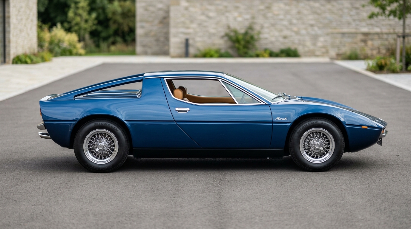 Maserati Merak vue de côté Vue latérale de la Maserati Merak bleue montrant ses lignes fluides et son design sportif.