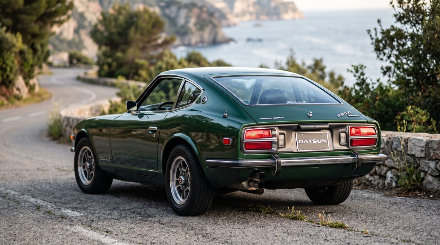 Datsun 280Z verte : vue trois quarts arrière Vue de trois quarts arrière d'une Datsun 280Z couleur vert, soulignant ses lignes arrière caractéristiques.