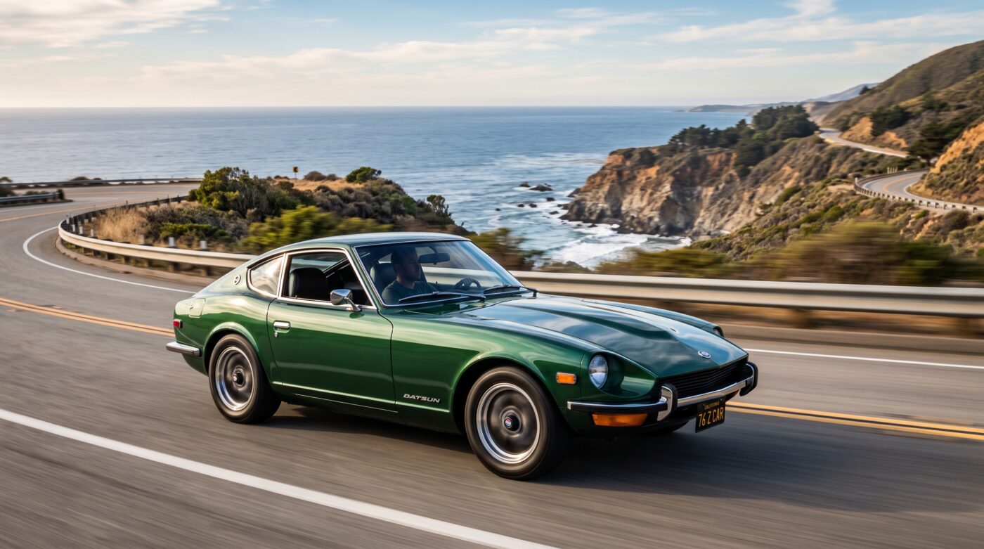 Datsun 280Z verte : essai routier La Datsun 280Z verte en pleine action lors d'un essai routier, illustrant ses performances dynamiques.