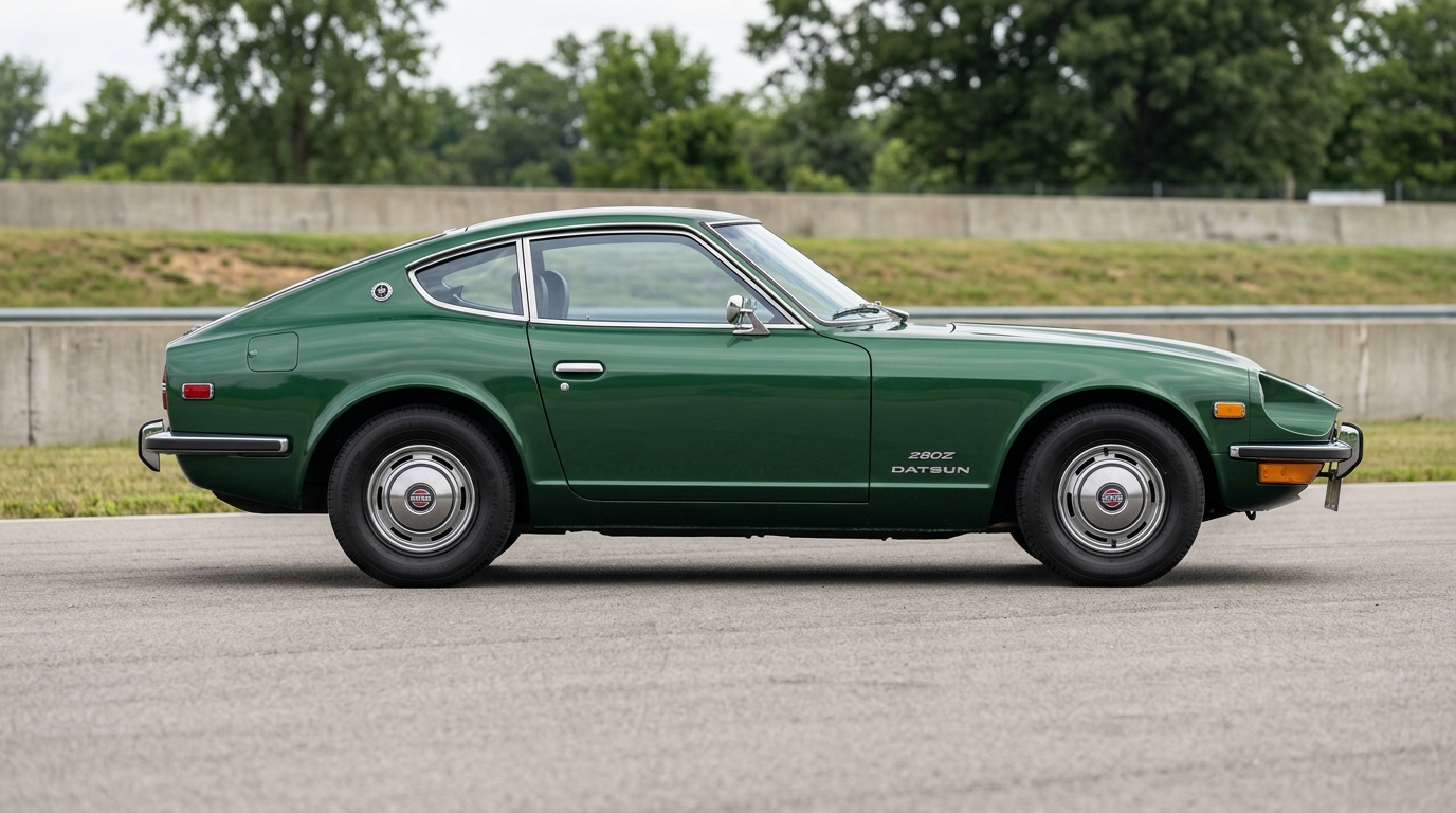 Datsun 280Z verte : vue de côté Profil latéral complet de la Datsun 280Z verte, révélant son allure sportive et son design intemporel.