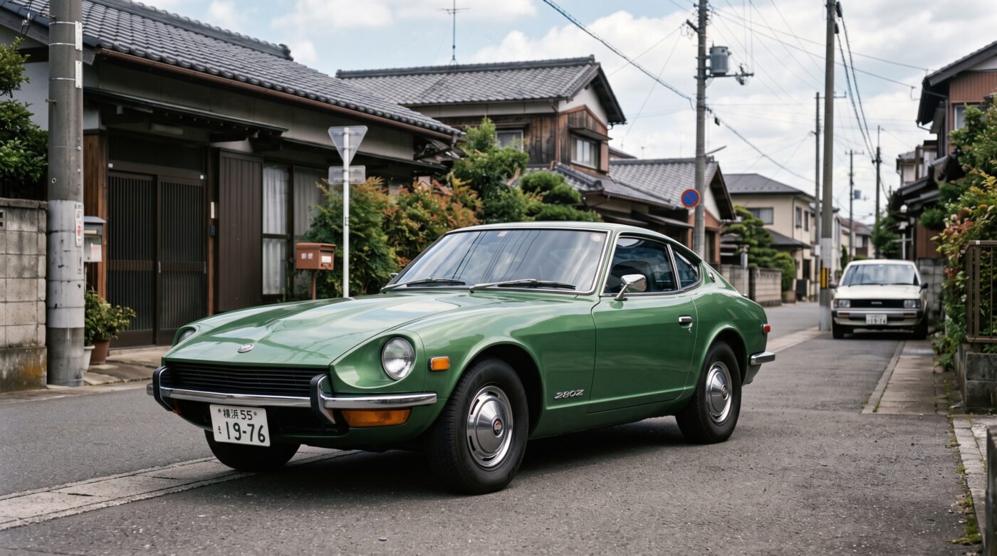 Datsun 280Z verte : historique Image d'archive d'une Datsun 280Z verte évoquant son histoire et son héritage automobile classique.