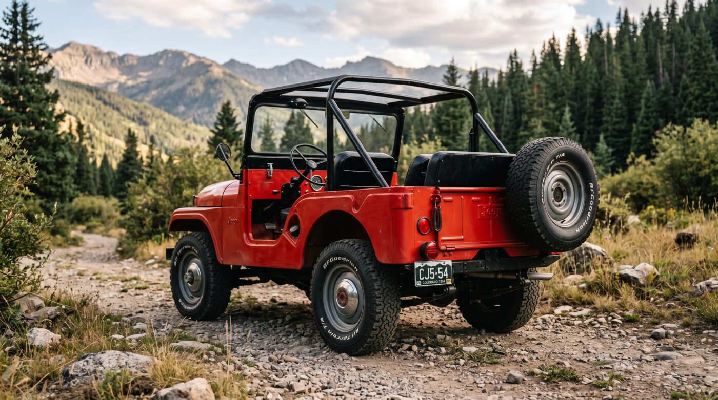 Jeep CJ rouge millésime 1954-1986 vue de trois quarts arrière, montrant la carrosserie et les optiques arrière d'origine.