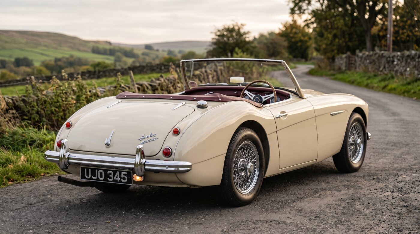 Austin-Healey 100 BN1 beige vue de trois quarts arrière soulignant la ligne fluide et les feux d'origine.