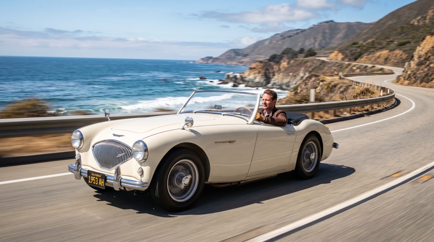 Austin-Healey 100 BN1 beige en essai routier sur une route sinueuse, illustrant le comportement dynamique.