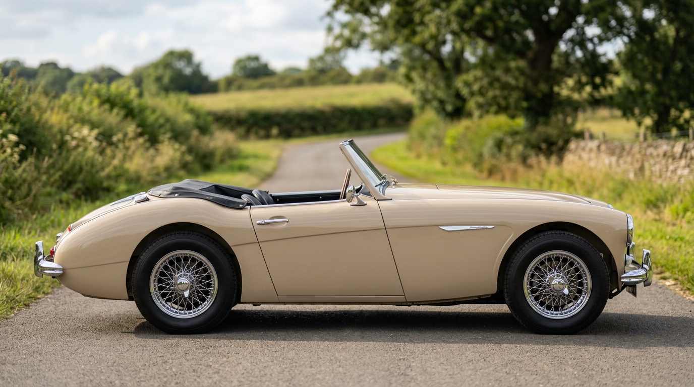Profil latéral d'une Austin-Healey 100 BN1 beige, mettant en valeur sa ligne de carrosserie basse et sportive.