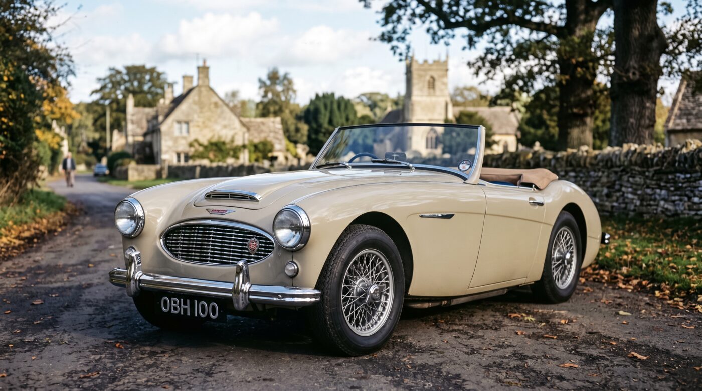 Détails historiques et emblèmes d'une Austin-Healey 100, rappelant son riche passé dans le monde de la collection.