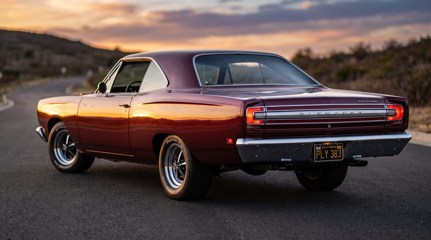 Profil arrière de la Plymouth Road Runner 1968 bordeaux mettant en valeur ses lignes musclées et ses feux arrière classiques.