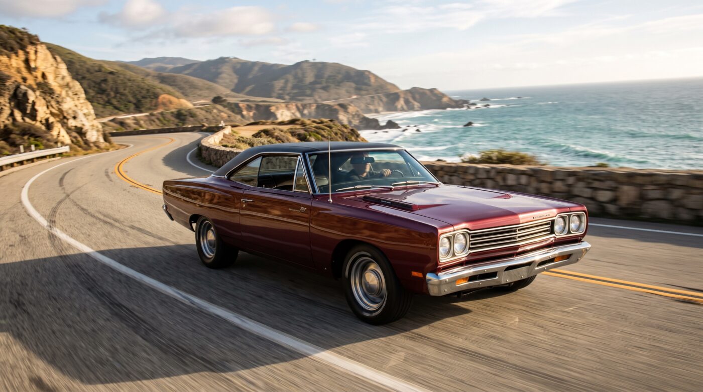 Plymouth Road Runner 1968 bordeaux en plein essai routier sur une route sinueuse, capturant le dynamisme du véhicule.