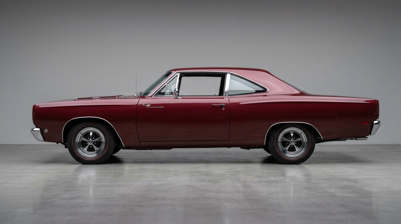  Vue latérale complète de la Plymouth Road Runner 1968 bordeaux révélant sa silhouette de muscle car américaine emblématique.