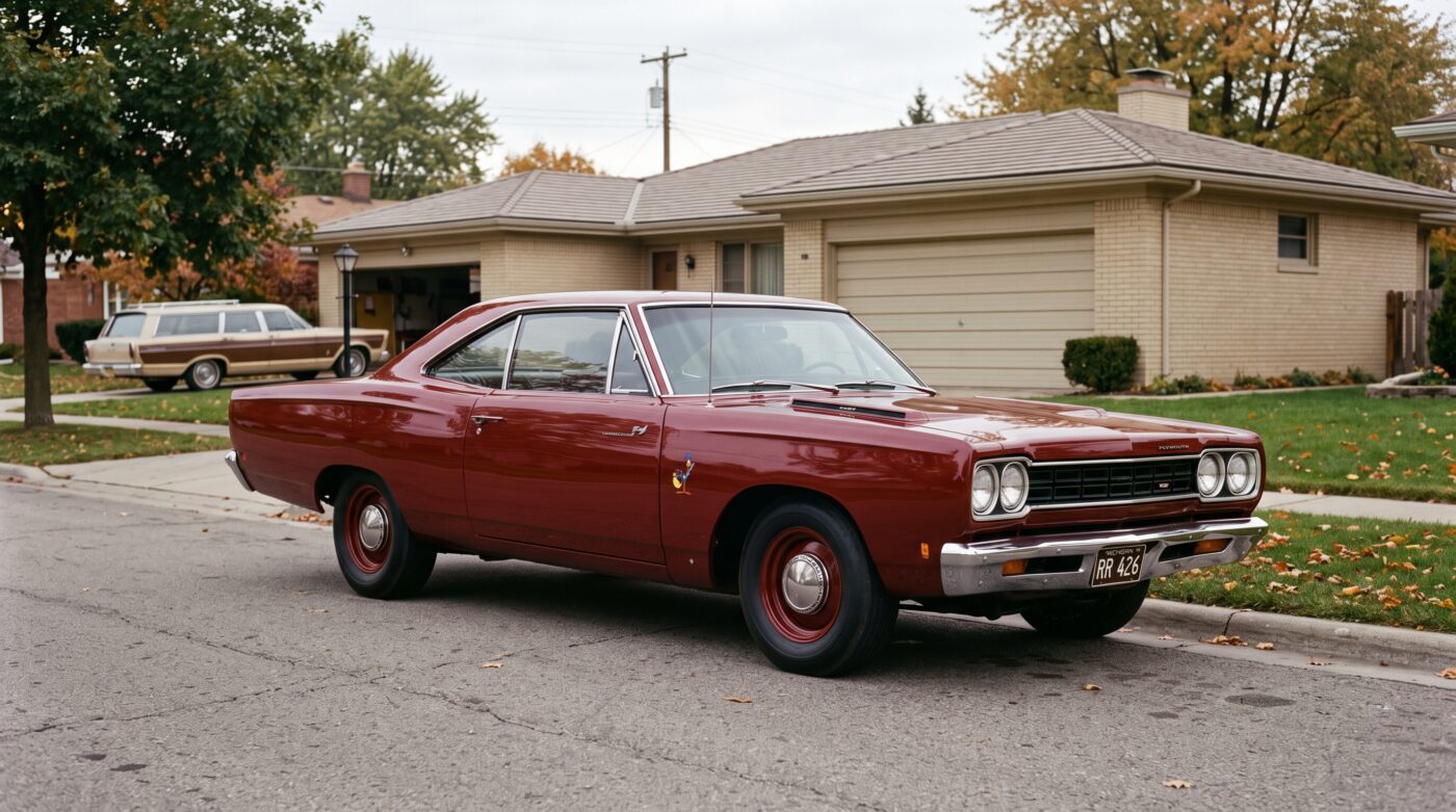  Plymouth Road Runner 1968 bordeaux dans un décor rétro évoquant l'époque de sa sortie.