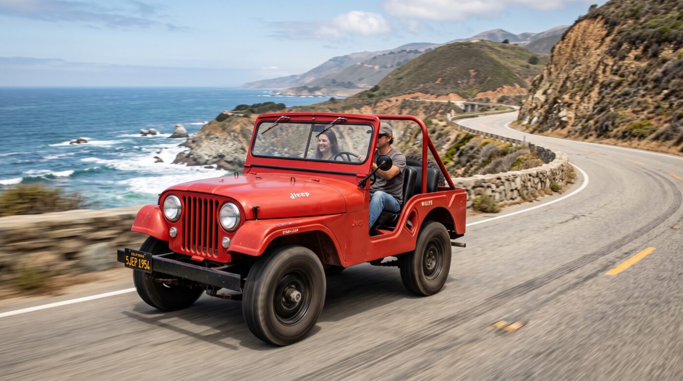 Jeep CJ rouge en plein essai routier sur une route côtière, capturant le comportement dynamique du véhicule.
