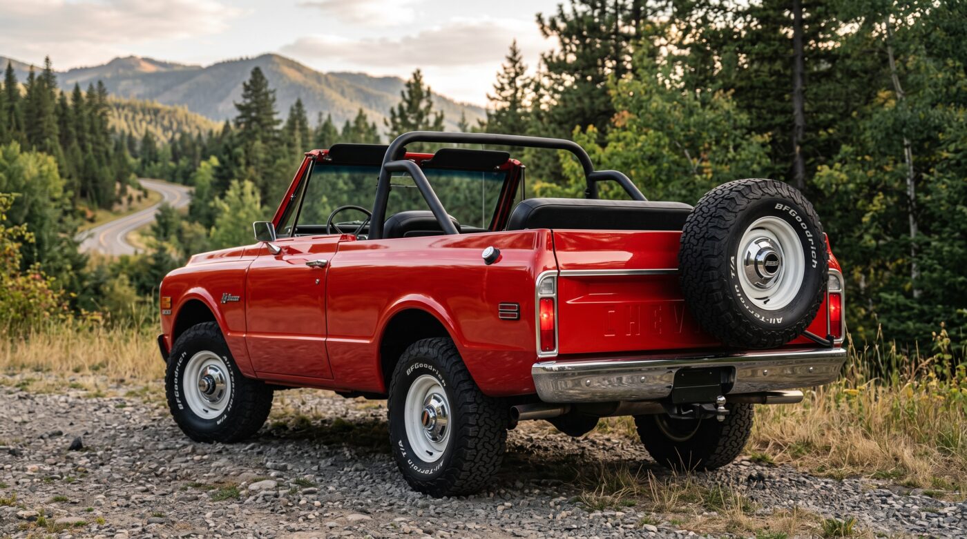 Vue de trois quarts arrière du 4x4 Chevrolet Blazer K5 Mk1 rouge millésime 1969.