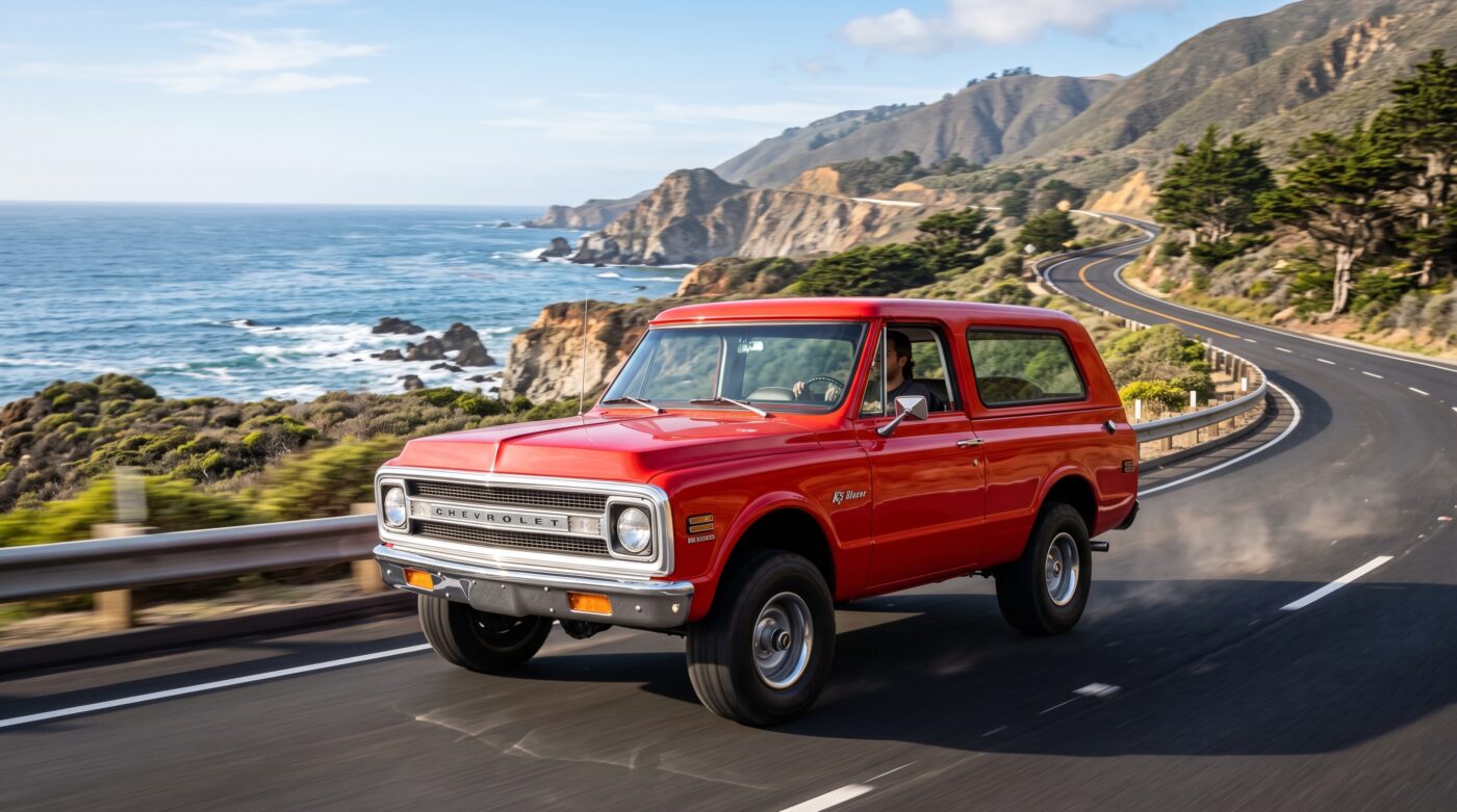 Le Chevrolet Blazer K5 Mk1 rouge en essai routier sur une route sinueuse.