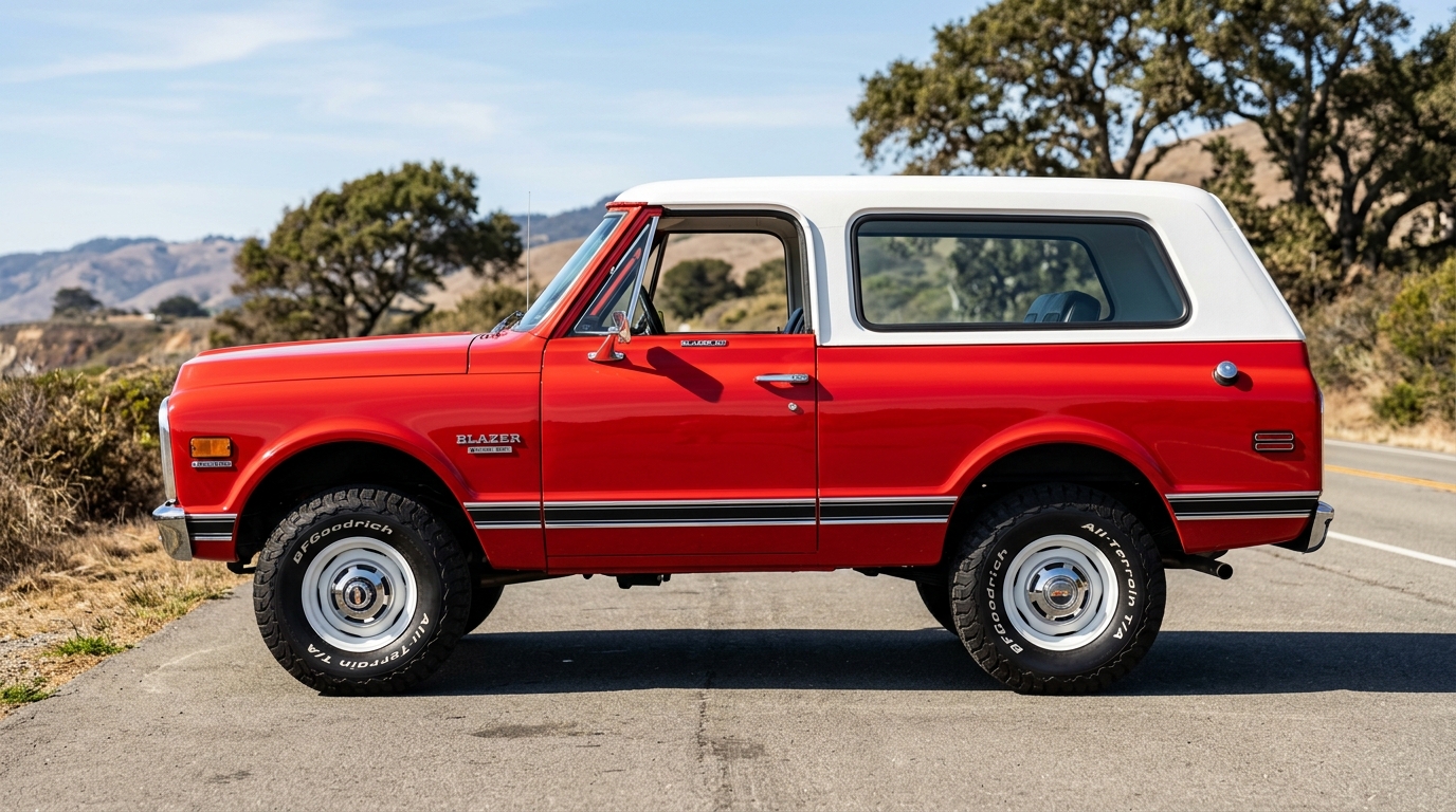 Profil latéral du Chevrolet Blazer K5 Mk1 rouge de 1969 montrant sa silhouette iconique.