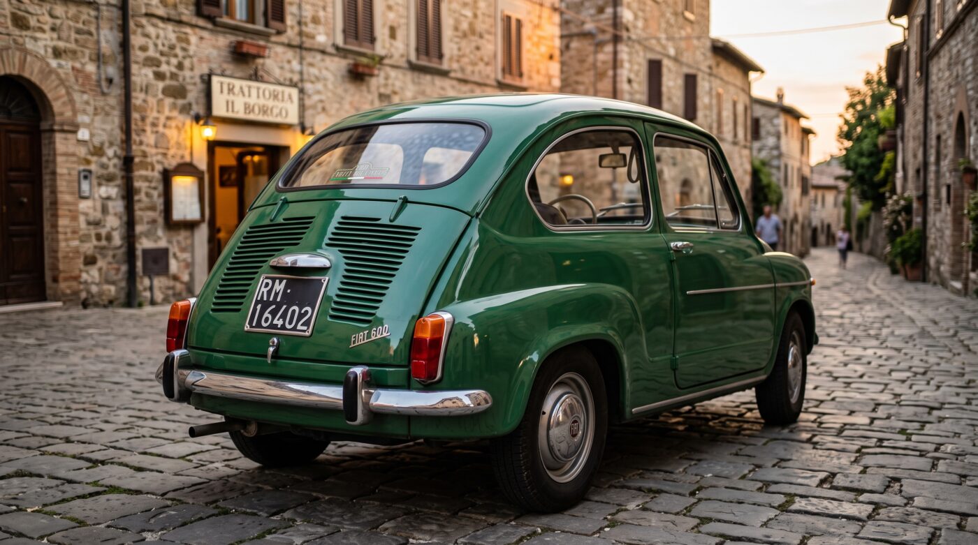 Fiat 600 vert : vue arrière Vue arrière de trois quarts d'une Fiat 600 verte millésime 1955-1969, soulignant ses courbes arrondies et sa silhouette classique.