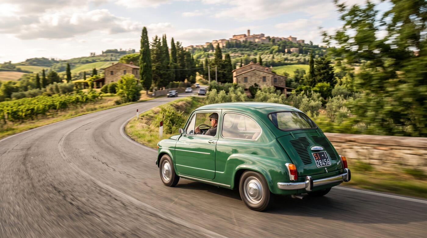 Fiat 600 vert : essai routier Fiat 600 verte en plein essai routier sur une route sinueuse, illustrant le plaisir de conduite de cette voiture de collection.