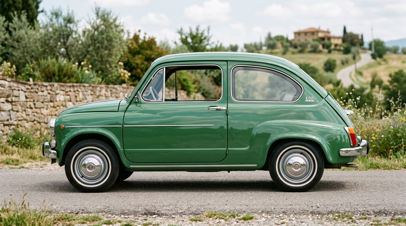 Fiat 600 vert : profil latéral Profil latéral d'une Fiat 600 verte de collection, mettant en évidence ses proportions compactes et son design minimaliste.