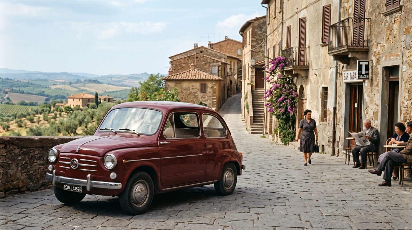 Fiat 600 : héritage Fiat 600 verte garée devant une architecture traditionnelle, évoquant l'histoire du modèle depuis 1955.