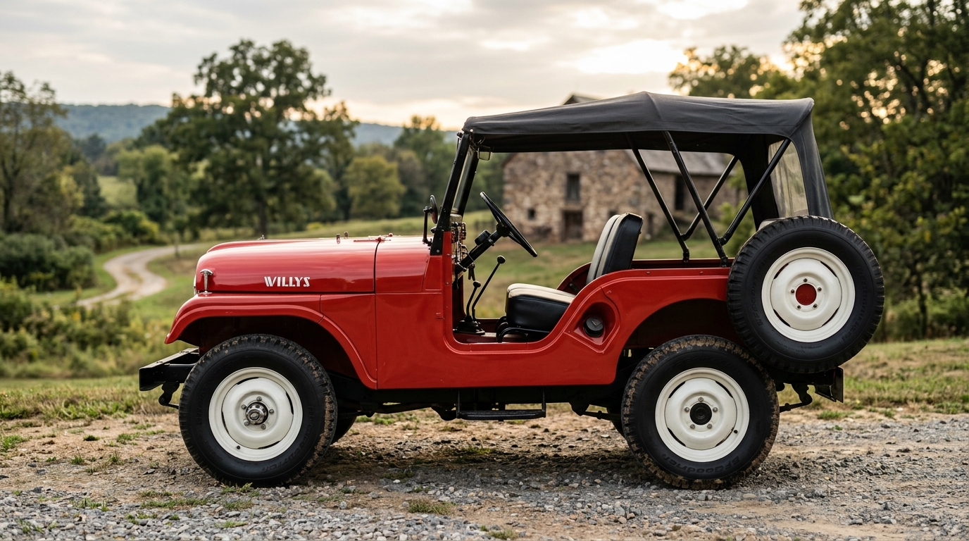 Vue latérale d'une Jeep CJ rouge classique produite entre 1954 et 1986, présentant les proportions authentiques.