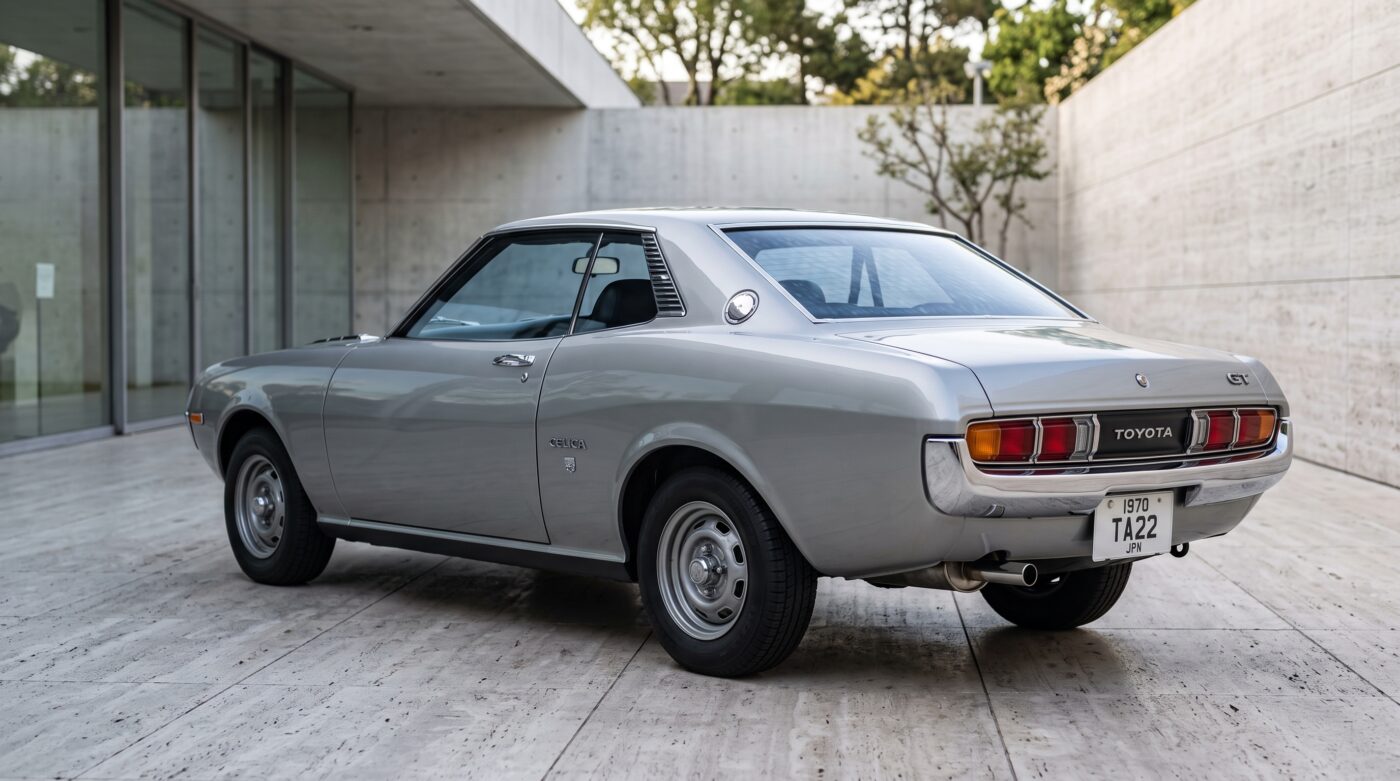 Toyota Celica TA22 : vue arrière Vue arrière de trois quarts d'une Toyota Celica TA22 grise millésime 1970 en état d'origine.