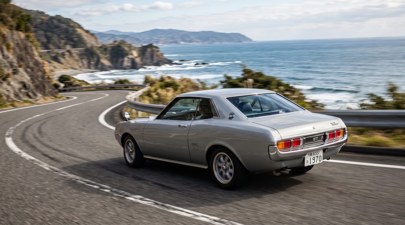 Toyota Celica TA22 : essai routier Toyota Celica TA22 grise en plein essai routier sur une route côtière sinueuse.