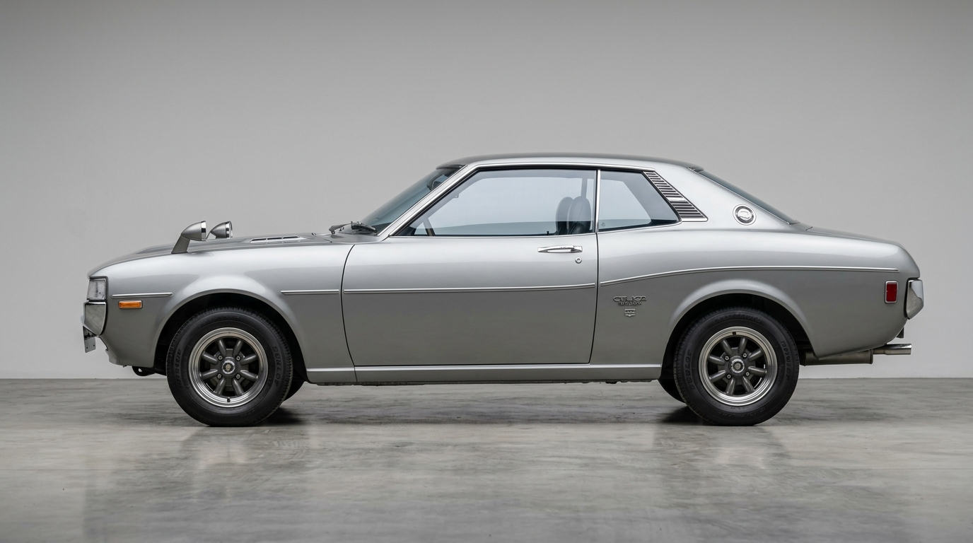 Toyota Celica TA22 : vue de côté Vue de profil d'une Toyota Celica TA22 grise de 1970 soulignant ses lignes classiques.