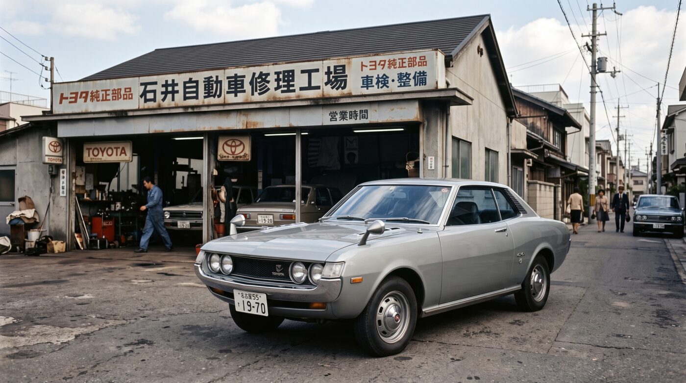 Toyota Celica TA22 : historique Mise en scène historique d'une Toyota Celica TA22 devant un garage des années 1970.