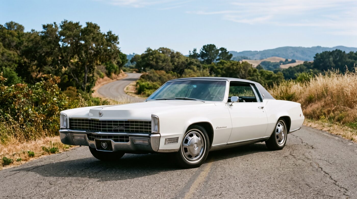 Vue de trois quarts avant d'une Cadillac Eldorado 1967 blanche, un coupé de luxe iconique en parfait état.