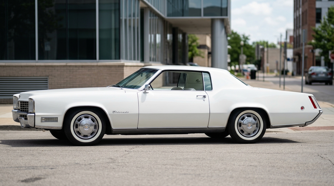 Profil latéral complet de la Cadillac Eldorado 1967 blanche mettant en valeur sa ligne élégante et élancée.
