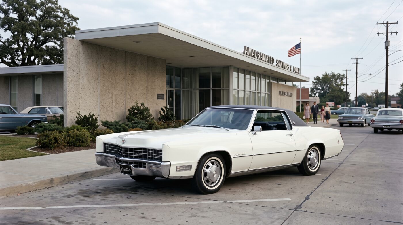 La Cadillac Eldorado 1967 blanche dans un cadre rappelant son époque de production pour illustrer son histoire.