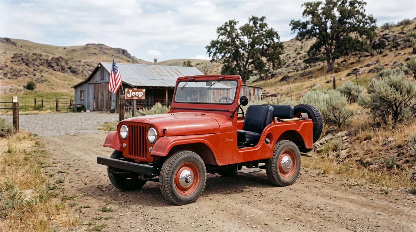 Mise en scène historique d'une Jeep CJ rouge illustrant l'évolution du modèle entre 1954 et 1986.