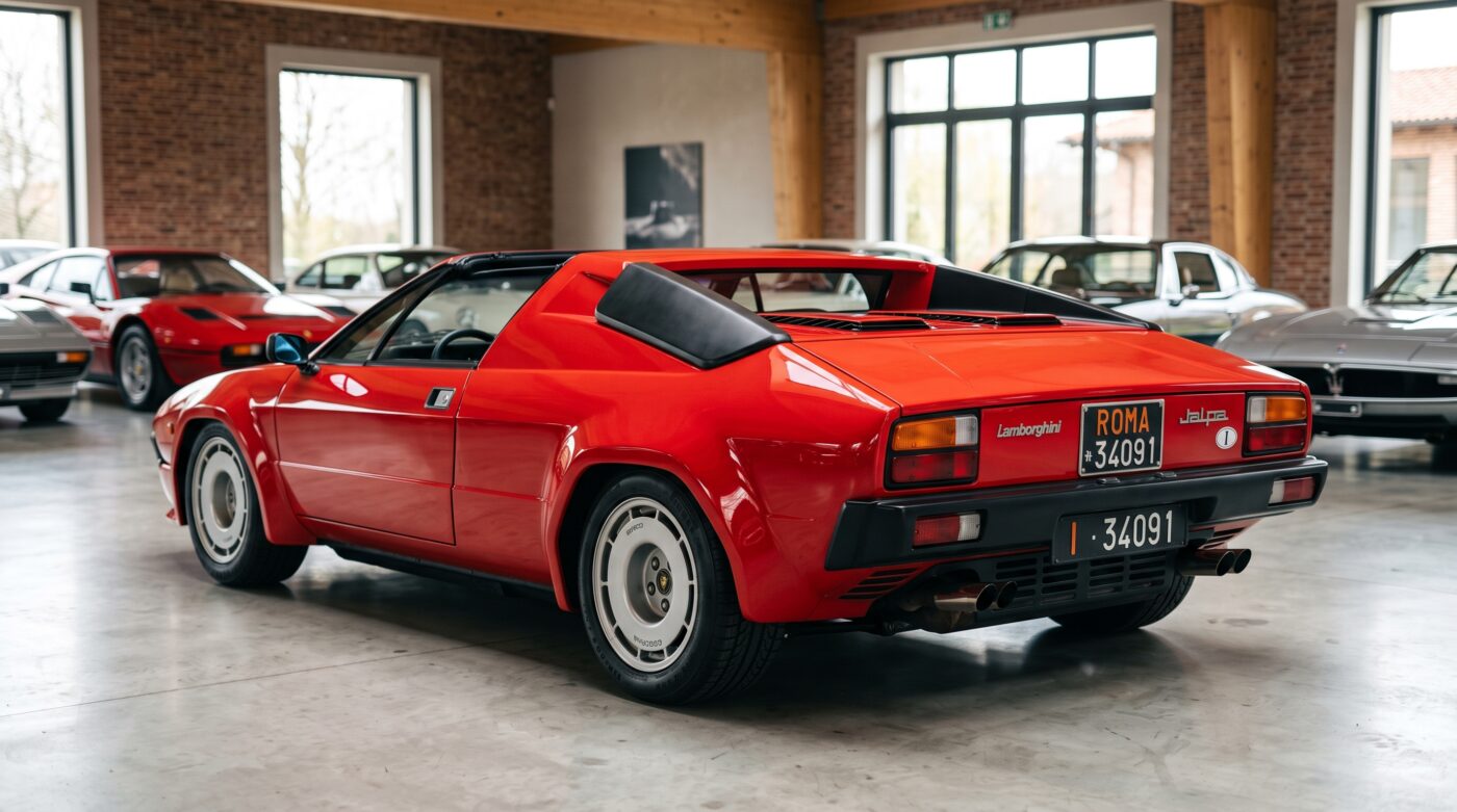 Lamborghini Jalpa rouge : vue arrière Vue arrière de trois quarts d'une Lamborghini Jalpa rouge mettant en valeur le design en coin et les optiques arrière.