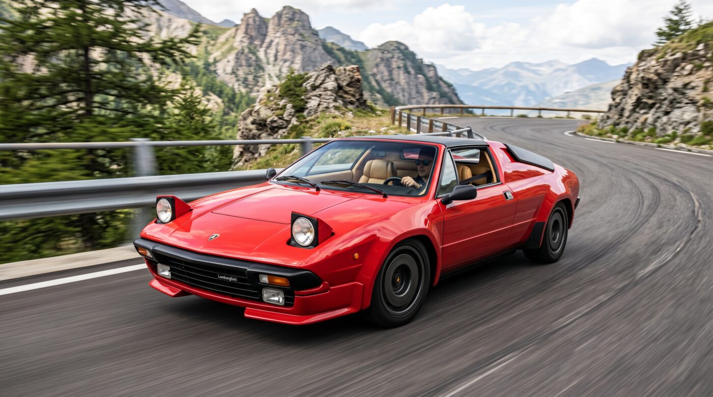 Lamborghini Jalpa : essai routier Lamborghini Jalpa rouge en mouvement sur une route de montagne, illustrant l'essai routier de cette voiture de collection.