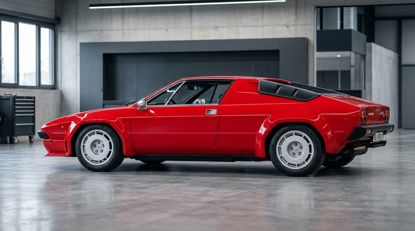 Lamborghini Jalpa rouge : profil Profil latéral d'une Lamborghini Jalpa rouge, soulignant ses lignes tendues et son design iconique des années 80.