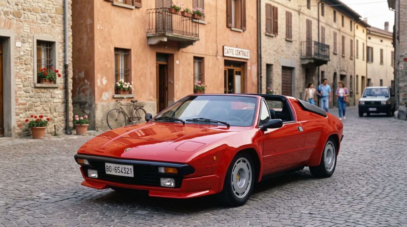 Lamborghini Jalpa : historique Lamborghini Jalpa rouge garée dans un village italien, symbolisant l'héritage et l'histoire de la marque.