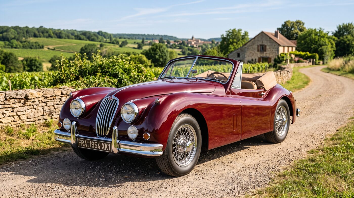Jaguar XK140 bordeaux vue de trois quarts avant stationnée dans un décor naturel avec des détails chromés éclatants.